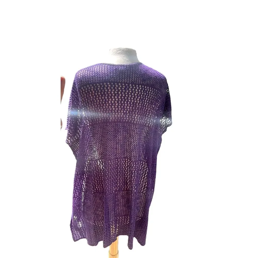 Venus Open Crochet Knit Purple S/M Swim Cover Up Tie Neck Open Sides Beachy Pool